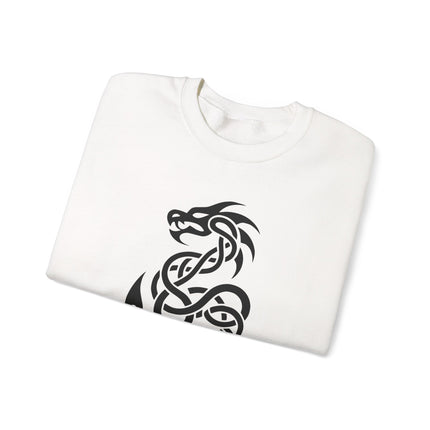 Black Celtic dragon knotwork graphic printed on a white pullover sweatshirt.