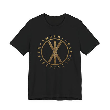 Viking rune t-shirt featuring gold Elder Futhark circle and strength bind knotwork design.