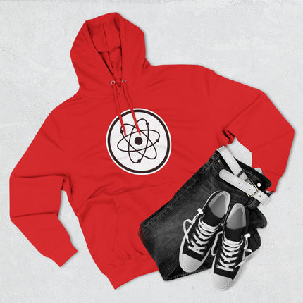 Red hoodie featuring a white atomic symbol graphic for science and physics fans.