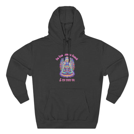 Lord Rama psychedelic mandala hoodie featuring Om Ramaya Namah Hindu mantra art.