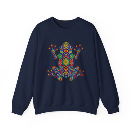 Vibrant Huichol-style frog graphic on navy sweatshirt, featuring Mexican geometric indigenous art.