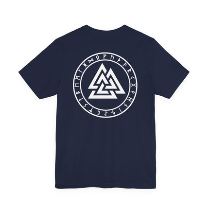 Norse Valknut Runic Back Print T-Shirt | Elder Futhark Rune Circle Viking Tee