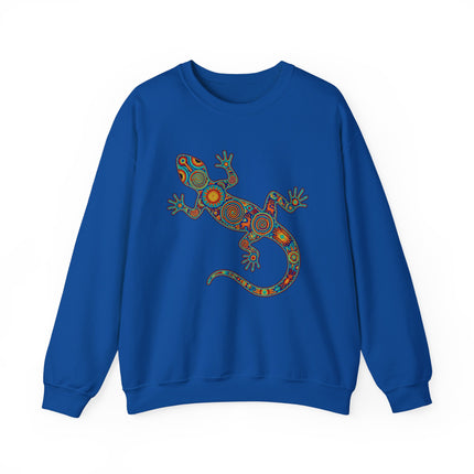 Colorful tribal lizard graphic featuring geometric Huichol-style indigenous art design.