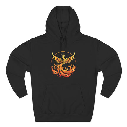 Golden phoenix rising from flames graphic, symbolizing rebirth and resilience on a black hoodie.