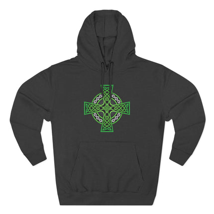 Green Celtic Cross knotwork design on a black unisex hoodie.