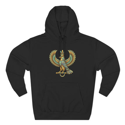 Mythical Persian Shahbaz falcon graphic on a black pullover hoodie.