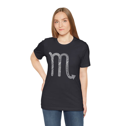 Tribal Scorpio zodiac sign graphic tee on a black crew neck shirt.