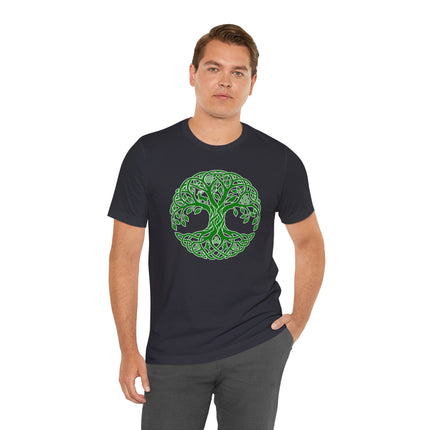 Green Celtic Tree of Life knotwork symbol on a dark t-shirt.