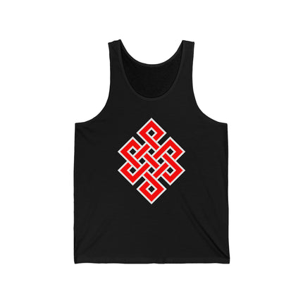 Black tank top with red Endless Knot Buddhist symbol print.