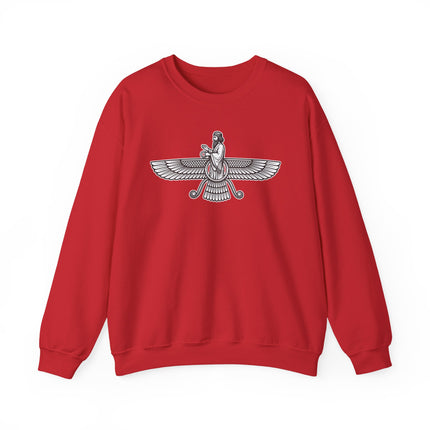 Zoroastrian Faravahar winged symbol graphic print on a red sweatshirt.