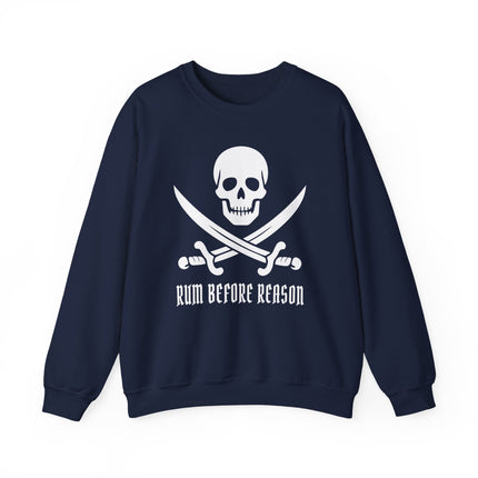 Skull and crossed sabers graphic with "Rum Before Reason" text on a dark navy sweatshirt.