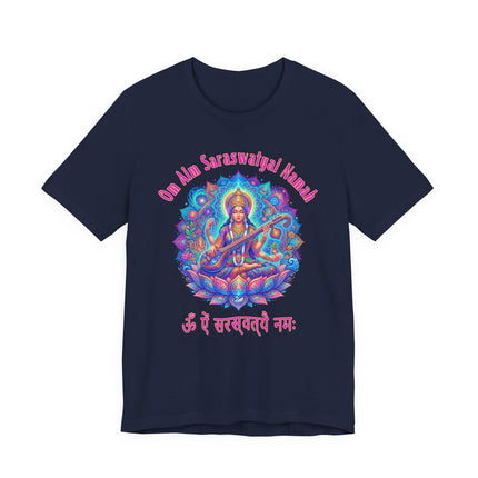 Saraswati Goddess mandala t-shirt featuring the Om Aim Saraswatyai Namah mantra design.