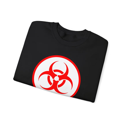 Black sweatshirt featuring a bold red biohazard warning sign graphic print.
