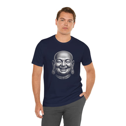 Laughing Buddha head graphic on a navy blue t-shirt, symbolizing Zen and good fortune.