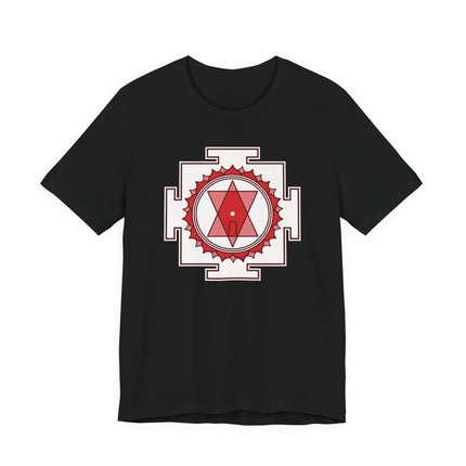 Tripura Sundari Yantra sacred geometry graphic on a black t-shirt.