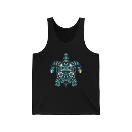 Geometric Mayan tribal sea turtle graphic design in teal and blue.