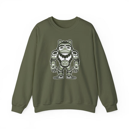Sasquatch Bigfoot sweatshirt featuring Pacific Northwest Indigenous art design print.