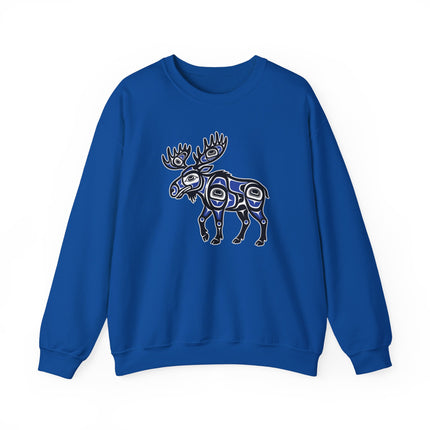 Indigenous moose art sweatshirt featuring Northwest Coast style animal designs.
