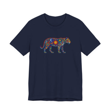Vibrant mosaic jaguar graphic tee inspired by Mexican Huichol folk art.