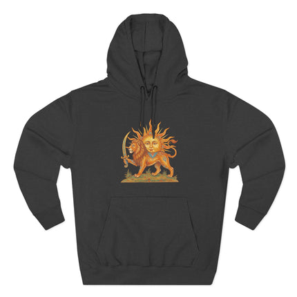 Iranian Lion and Sun (Shir-o-Khorshid) symbol graphic on a black hoodie.
