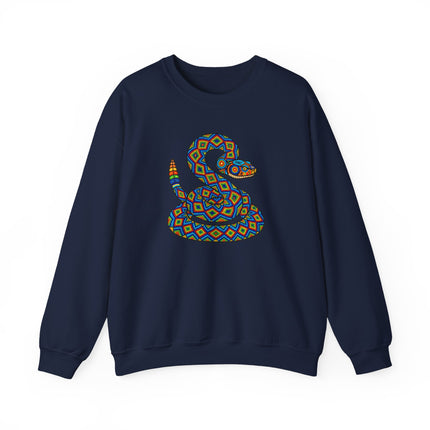 Geometric rattlesnake art print on a cozy Huichol-style pullover sweatshirt.