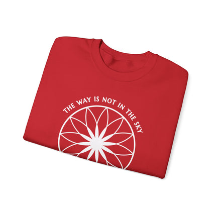 Spiritual mandala flower graphic sweatshirt with "The Way Is In The Heart" quote print.