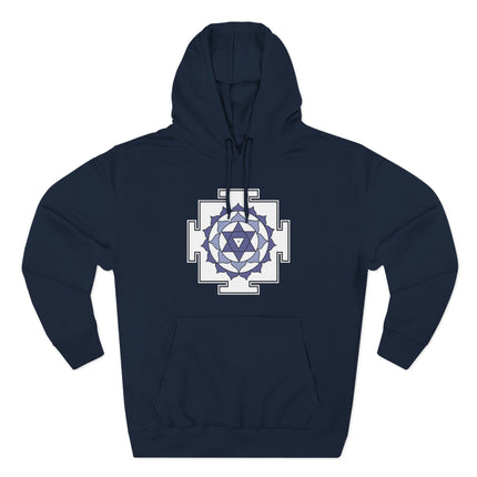 Dark blue hoodie with white sacred geometry Yantra symbol print.