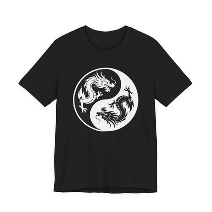 Yin Yang t-shirt graphic featuring opposing Chinese dragons symbolizing cosmic balance, power, and duality.