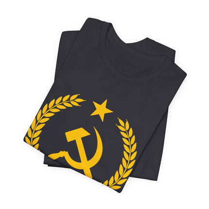 Yellow communist emblem on black tee: hammer and sickle within a laurel wreath and star.