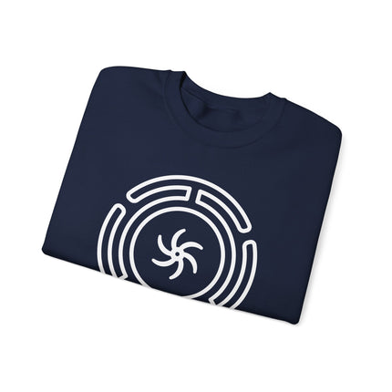Hekate's Wheel symbol on a dark blue sweatshirt, representing Greek goddess mythology.