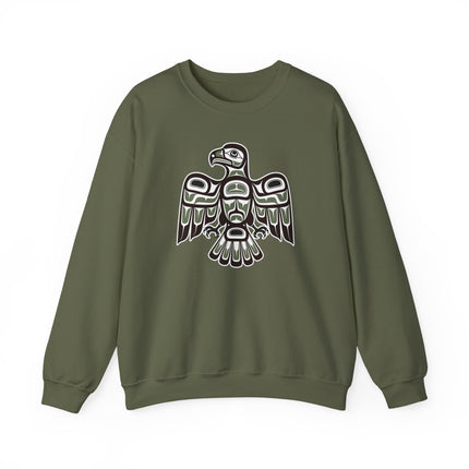 Pacific Northwest style sweatshirt featuring detailed Indigenous hawk formline artwork.
