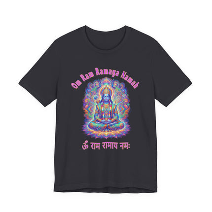 Psychedelic Lord Rama mandala t-shirt featuring the Om Ramaya Namah mantra.