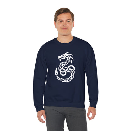 Celtic dragon knotwork graphic on a navy blue pullover sweatshirt.