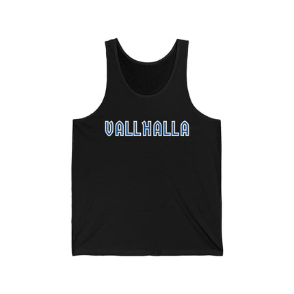 Black Valhalla text tank top for Norse mythology and Viking apparel.