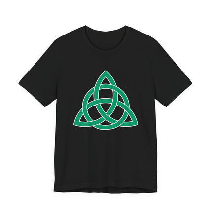 Green Celtic Triquetra knot graphic on a black t-shirt. Irish trinity symbol design.