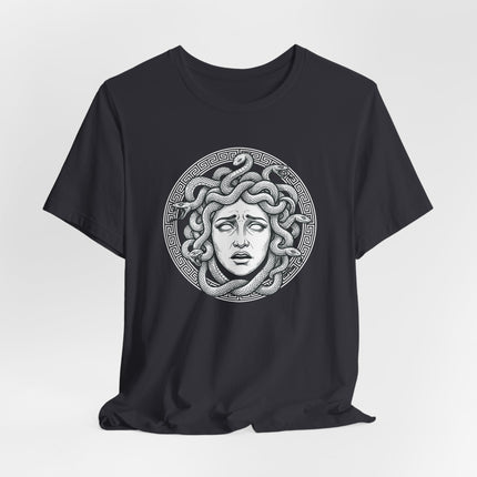 Medusa Gorgon head graphic tee featuring snakes and Greek mythology design.