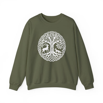 Celtic knotwork tree of life design featuring deer and fox in a circular pattern.