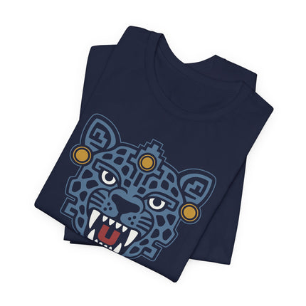 Aztec Jaguar Mask T-Shirt | Teal Feline Face and Gold Details Tee