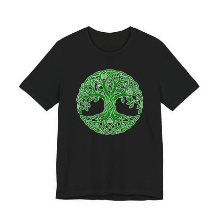 Green Celtic knotwork Tree of Life symbol on a black t-shirt.