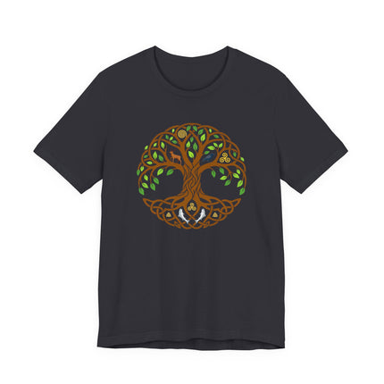 Celtic Tree of Life graphic on a dark t-shirt, featuring intricate knotwork and world tree design.