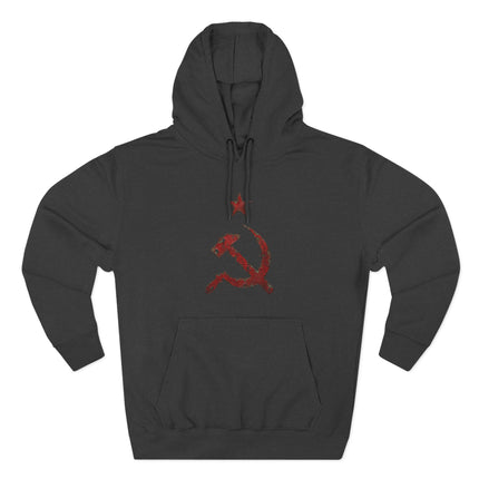 Black hoodie featuring a distressed red communist hammer and sickle symbol.