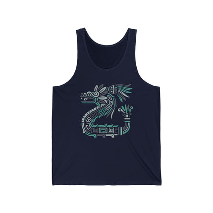 Stylized feathered serpent graphic inspired by Aztec and Mayan mythology.