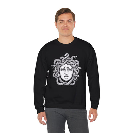 Medusa head graphic on black sweatshirt, featuring snakes and Greek mythology art.