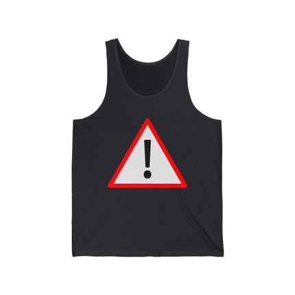 Red warning triangle with exclamation mark graphic on a black tank top.