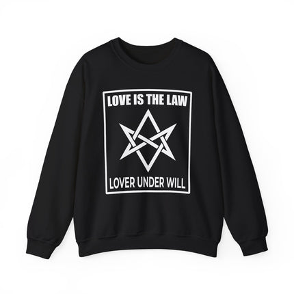 Black sweatshirt with white Love Is The Law and Heptagram graphic, featuring Thelema symbolism.