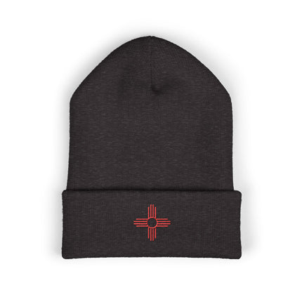 Zia Sun Embroidered Cuffed Beanie with Red Four-Direction Symbol
