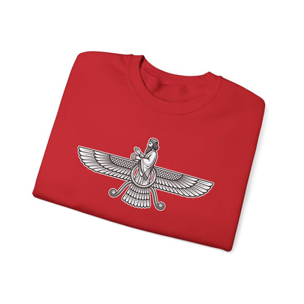 Faravahar winged symbol graphic for Zoroastrian spiritual sweatshirt.
