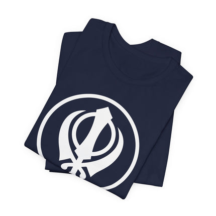 Navy t-shirt featuring the Khanda Sikh symbol graphic. Khalsa religious apparel.