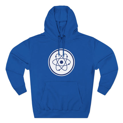 Blue hoodie featuring a minimalist white atomic orbital symbol graphic.