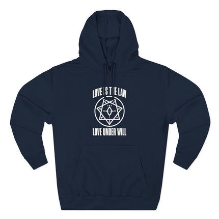 Love Is The Law occult sigil hoodie featuring "Love Under Will" text and spiritual symbolism.